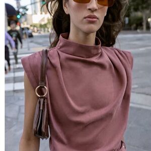 Sleeveless Draped Mock Neck Top in Dusty Rose